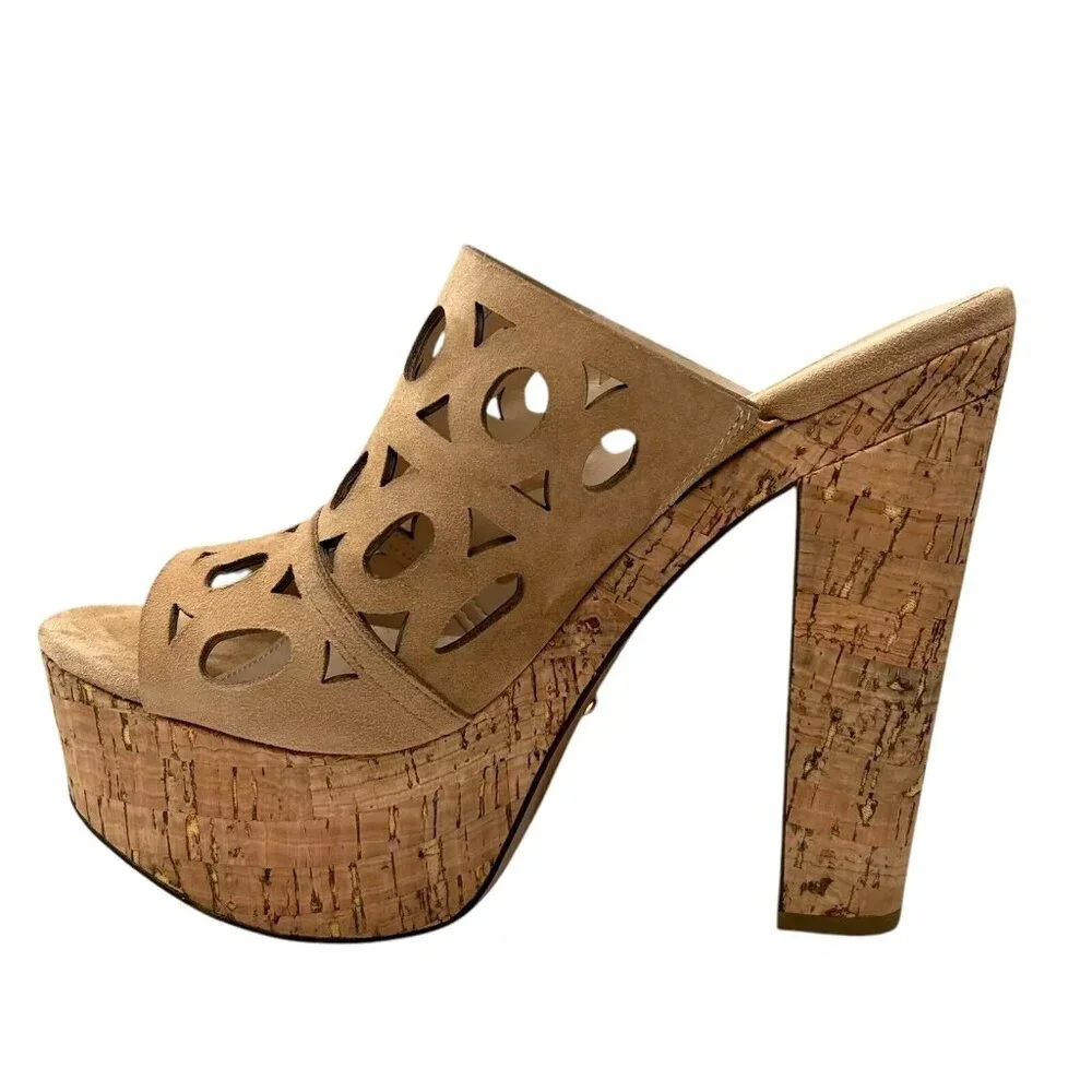 Pelle Moda Peep Toe Women’s Sandal Size 8.5 Latte Suede Cork Platform Block Heel
